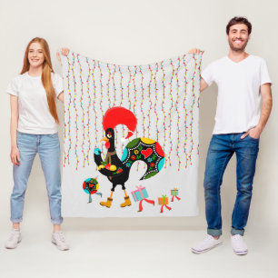 Manta Polar Luces de navidad, baubles, regalos y Rooster