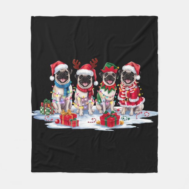Manta Polar Luces de Pug Santa hat antlers elefantes Navidades (Anverso)