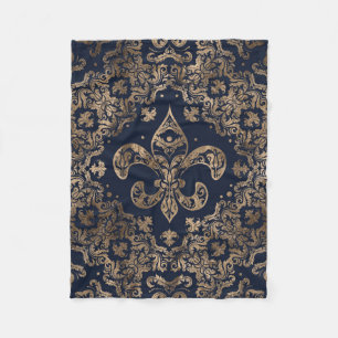 Manta Polar Lujo Fleur-de-lis Ornament - dorado y azul oscuro