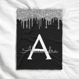 Manta Polar Lujo Negro Plata Brillo Glam Monograma Nombre