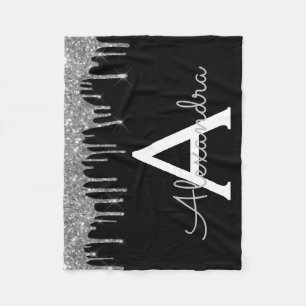 Manta Polar Lujo Negro Plateado Glitter Glam Monograma Nombre