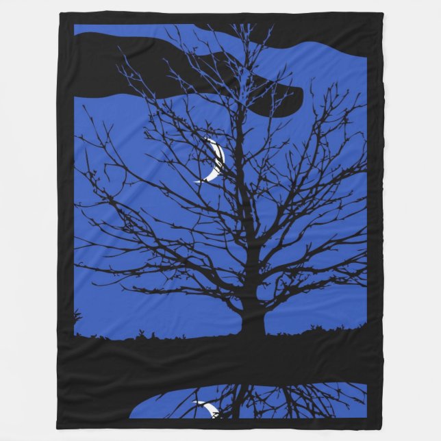 Manta Polar Luna con árbol, azul cobalto, negro y blanco (Anverso)