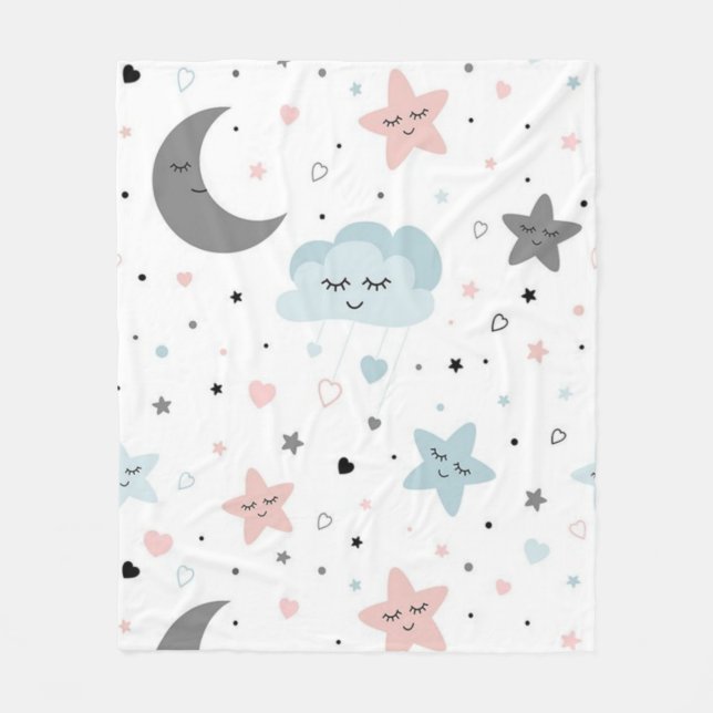 Manta Polar luna, estrellas, corazones, nubes, niños, (Anverso)