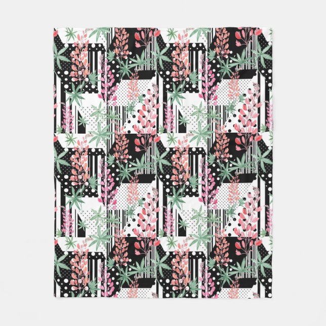 Manta Polar Lupines sobre fondo negro y blanco en mosaico (Anverso)