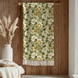 Manta Polar Lux Green Floral Blanket Gold Foliage in Pastels
