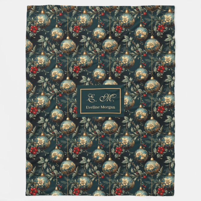 Manta Polar Lux red and green baubles personalized holiday (Anverso)