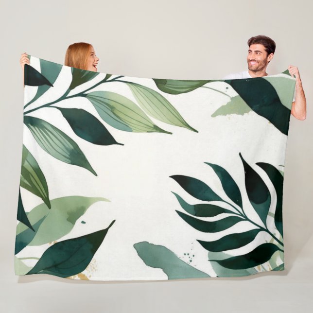 Manta Polar Luxury Emerald Green Gold Botanical Throw Blanket (In situ)