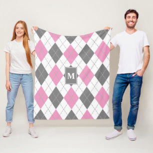 Manta Polar machaca de argyle gris rosa monogramada