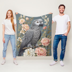 Manta Polar Magnífico Loro Gris Africano Con Elegantes Florale