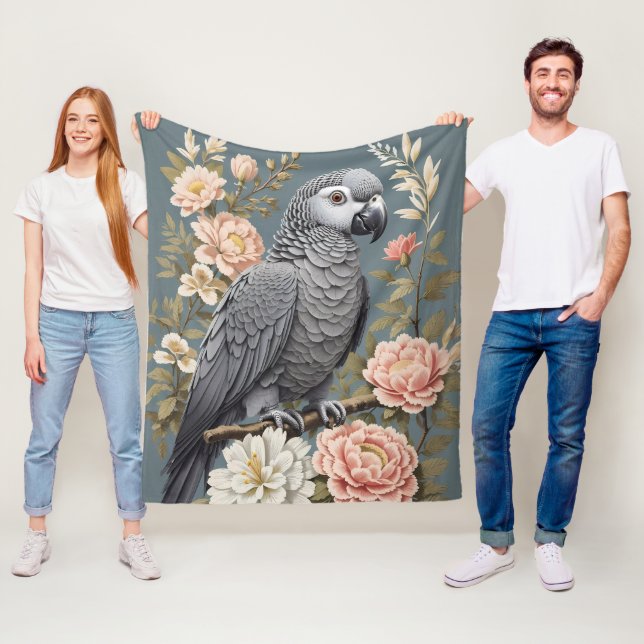 Manta Polar Magnífico Loro Gris Africano Con Elegantes Florale (In situ)