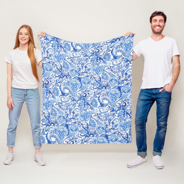 Manta Polar Magnífico patrón de arte Paisley floral azul blanc (In situ)