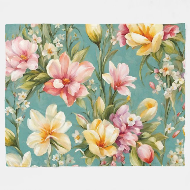 Manta Polar Magnolia rosa y amarilla exquisita con flores blan (Frente (Horizontal))