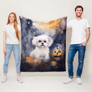 Manta Polar Maltés de Halloween con calabazas aterradoras