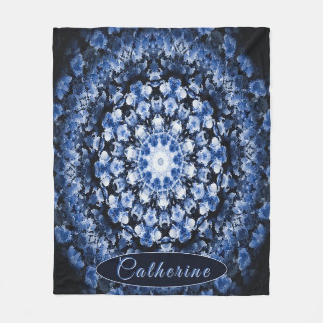 Manta Polar Mandala de vidrio floral azul personalizado (Anverso)