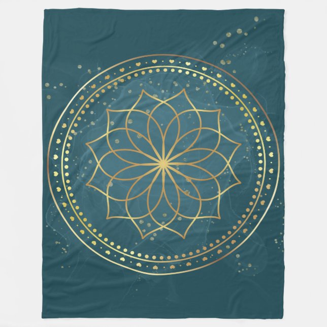 Manta Polar Mandala dorada en Verde azulado (Anverso)