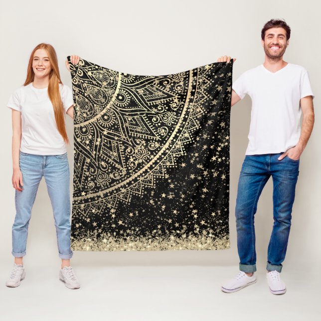 Manta Polar Mandala encantadora con estrellas de oro en negro (In situ)