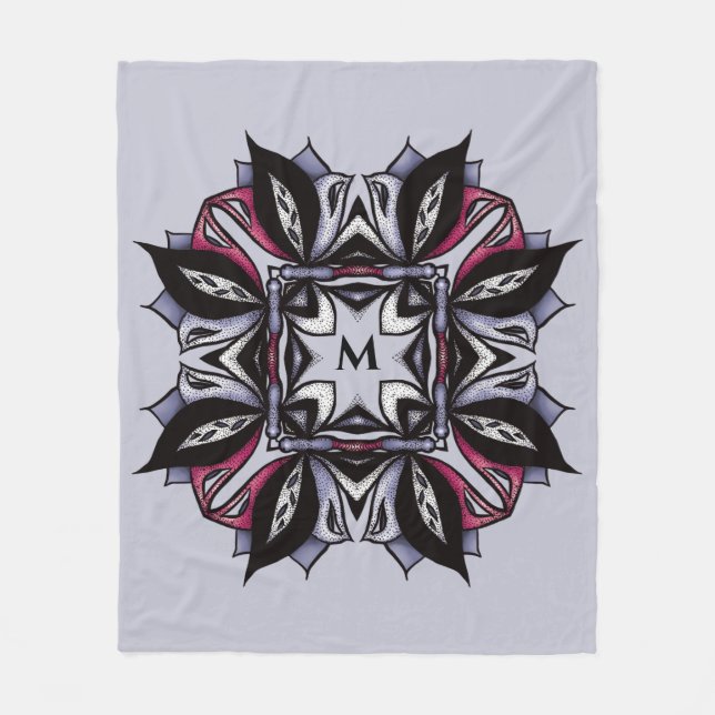 Manta Polar Mandala floral gótica morado negro rosado monogram (Anverso)