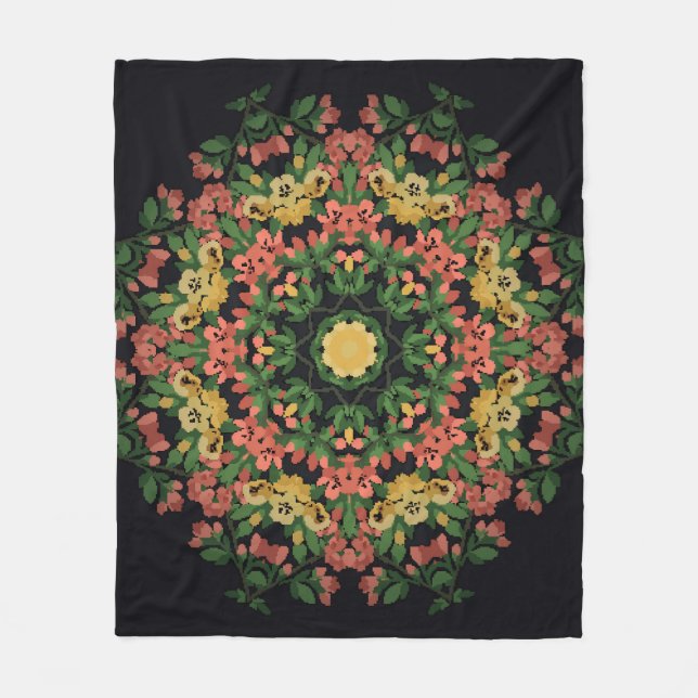 Manta Polar Mandala floral: rojo, amarilla. (Anverso)