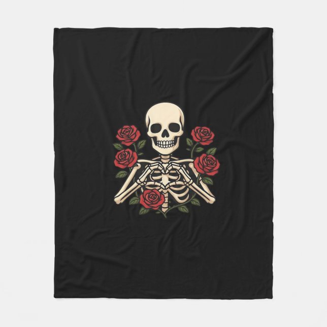 Manta Polar Manos Skeleton Heart Con Rosas Rojas - Romántico O (Anverso)