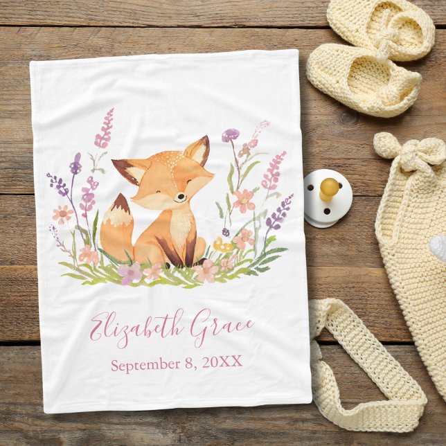 Manta Polar Manto de bebé zorro personalizado flores silvestre (Personalized Baby Fox Birth Stats Baby Blanket Baby Girl, Baby Shower gift, new baby gift )