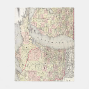 Manta Polar Mapa del vintage de Michigan y de Wisconsin (1862)
