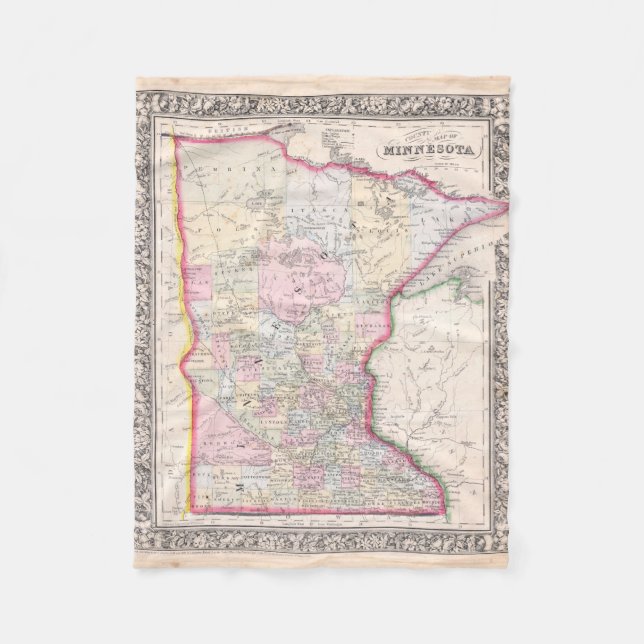 Manta Polar Mapa del vintage de Minnesota (1864) (Anverso)