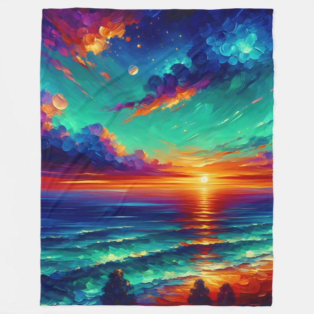 Manta Polar "Mareas Verde azuladas vibrantes: atardecer sobre  (Anverso)