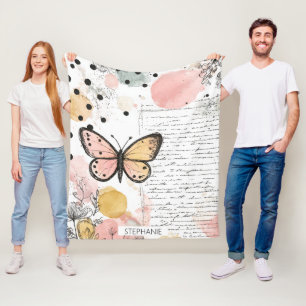 Manta Polar Mariposa acuarela rosa dorado arte boho naturaleza