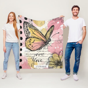 Manta Polar Mariposa acuarela rosa dorado arte boho naturaleza