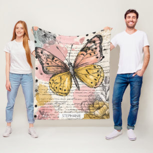 Manta Polar Mariposa acuarela rosa dorado arte boho naturaleza
