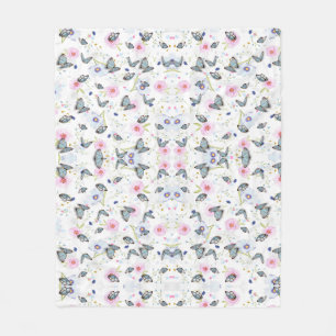 Manta Polar Mariposa Azul Acuarela Vintage y Floral Rosa