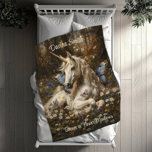 Manta Polar Mariposa azul blanca unicornio pradera arte floral