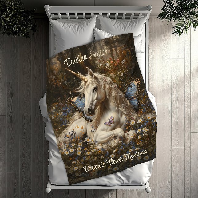 Manta Polar Mariposa azul blanca unicornio pradera arte floral (Subido por el creador)