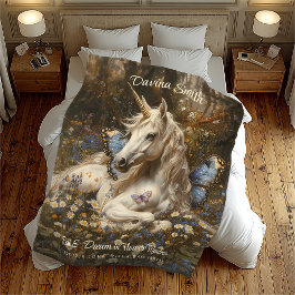 Manta Polar Mariposa azul blanca unicornio pradera arte floral