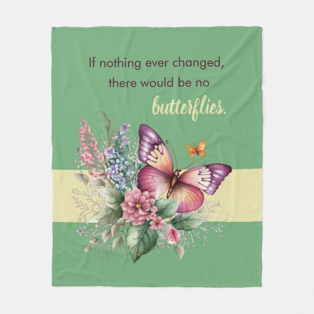 Manta Polar Mariposa de aliento y flores sobre verde (Anverso)