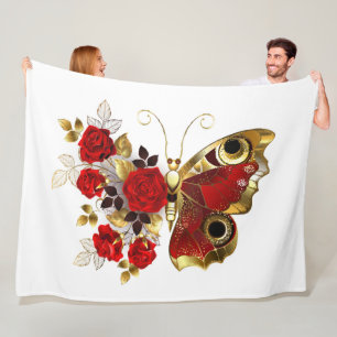 Manta Polar Mariposa de flor roja con rosas rojas