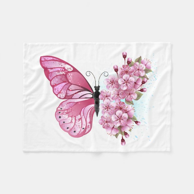 Manta Polar Mariposa de flores con Sakura rosa (Frente (Horizontal))