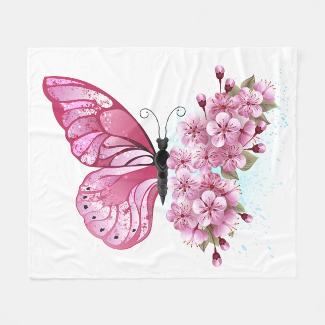 Manta Polar Mariposa de flores con Sakura rosa (Frente (Horizontal))