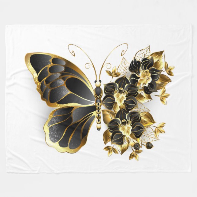 Manta Polar Mariposa de flores de oro con orquídea negra (Frente (Horizontal))