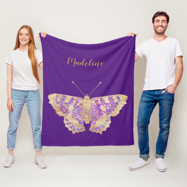 Manta Polar Mariposa morada y dorada personalizada (In situ)