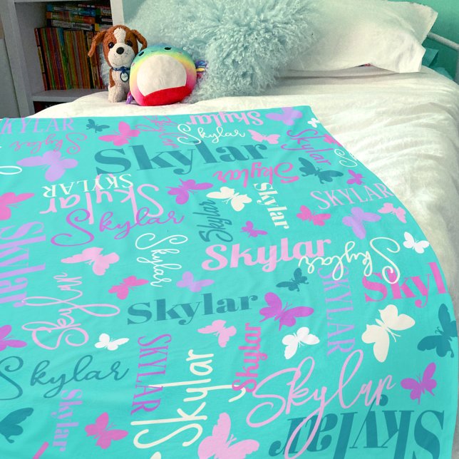 Manta Polar Mariposas arcoiris nombre personalizado aqua Skyla (Subido por el creador)