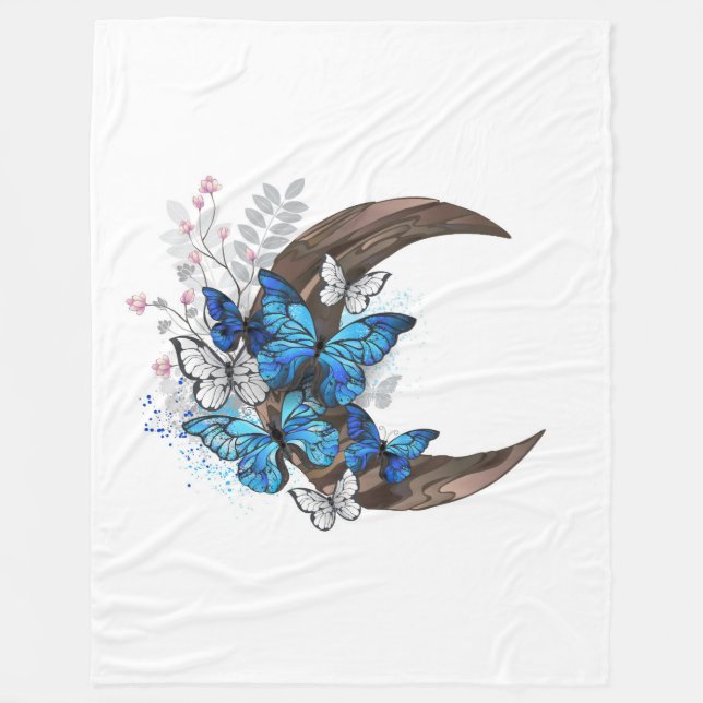 Manta Polar Mariposas azules sobre la media luna de madera (Anverso)