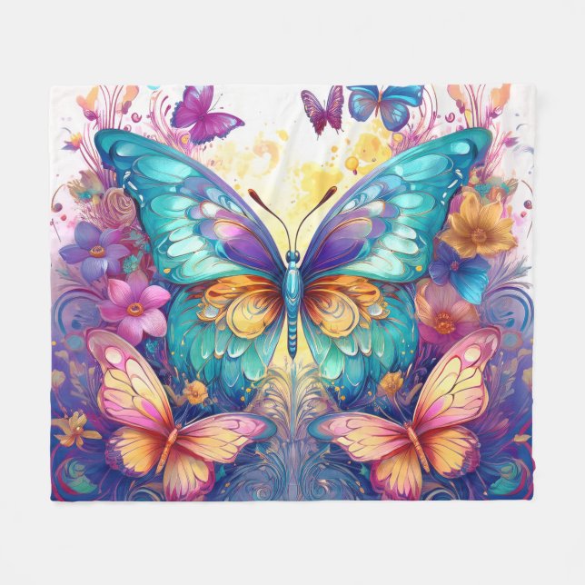 Manta Polar Mariposas en Acuarela (Frente (Horizontal))