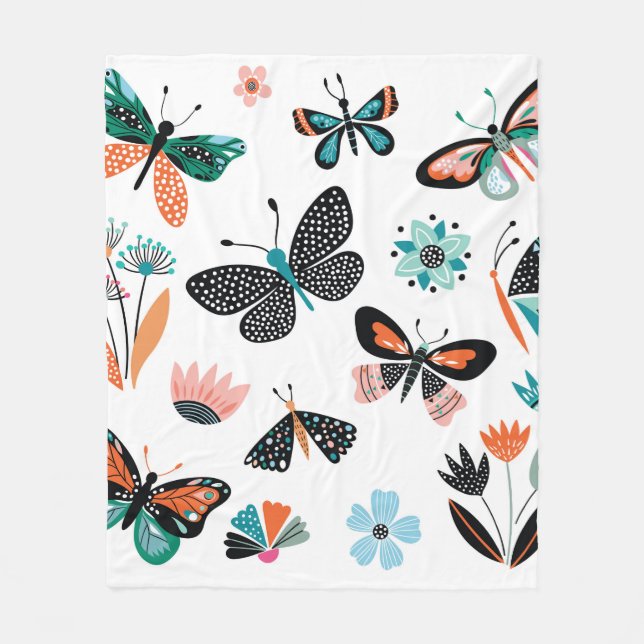 Manta Polar Mariposas y flores, colección dibujada a mano de d (Anverso)