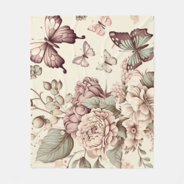 Manta Polar Mariposas y flores decoración en tonos pastel (Anverso)