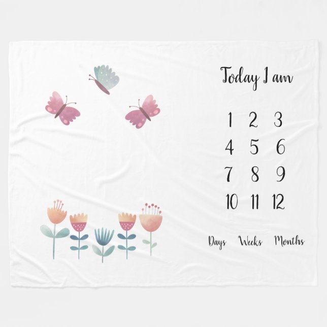Manta Polar Mariposas y flores Primer año bebé hito (Frente (Horizontal))