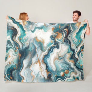 Manta Polar Mármol Ágata Azul Teal Oro Blanco Moderno 