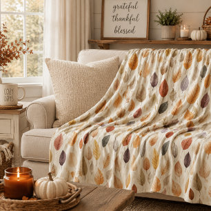 Manta Polar Marrón Oxidado Crema Gris Hojas de Otoño Modernas