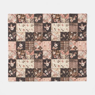 Manta Polar Marrón Rosa Colcha Parcheado Gingham Cottagecore