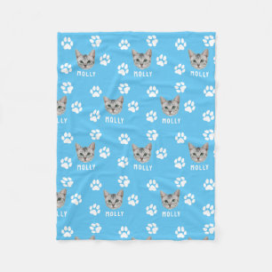 Manta Polar Mascota de gato personalizado, foto y nombre azul
